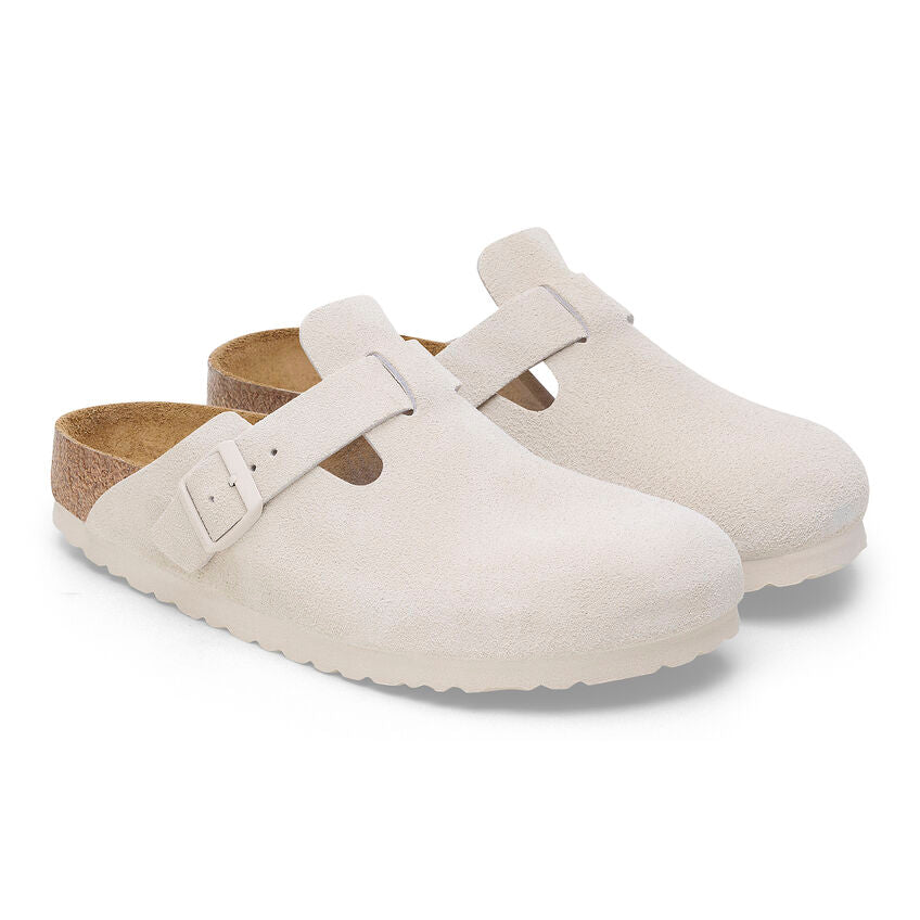Boston Suede Leather Soft Footbed Clog in Antique White