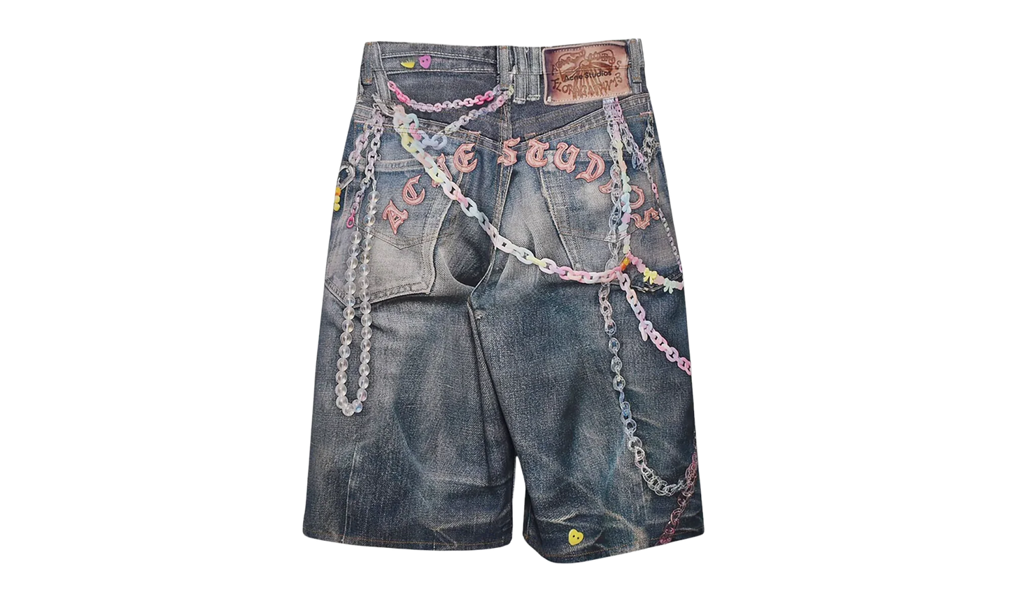 Loose Fit Denim Shorts "Trompe L'oeil Keychains Print" FN MN SHOR000264 MID INDIGO