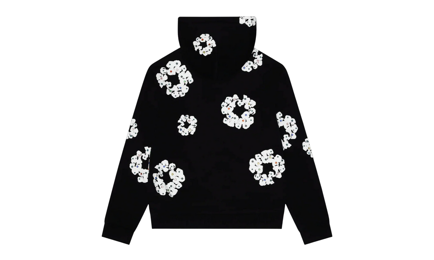 Cotton Wreath Rhinestone Studded Zip Hooded Sweatshirt "Black White" DT591