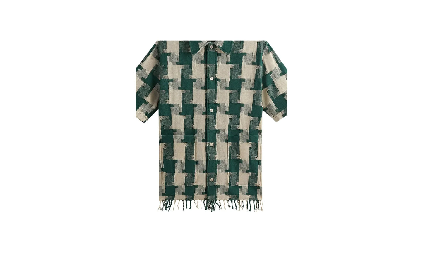 Jumbo Houndstooth Boxy Collared Overshirt "Green" KHM032169 308