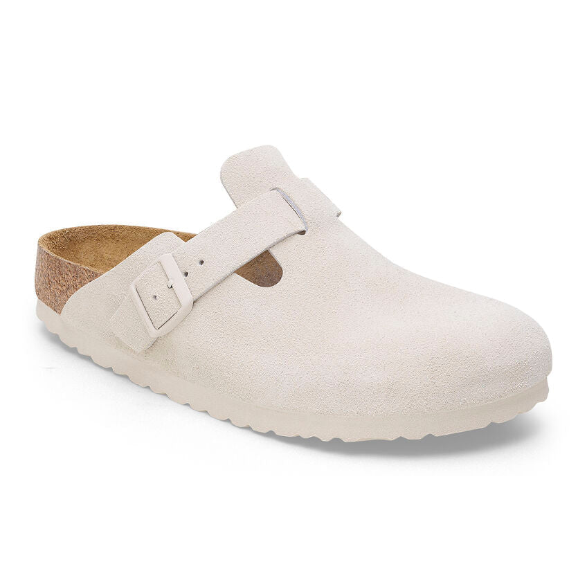 Boston Suede Leather Soft Footbed Clog in Antique White