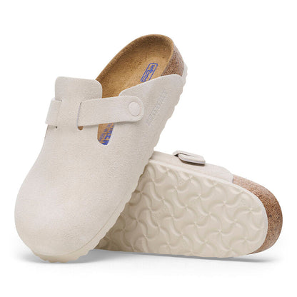 Boston Suede Leather Soft Footbed Clog in Antique White