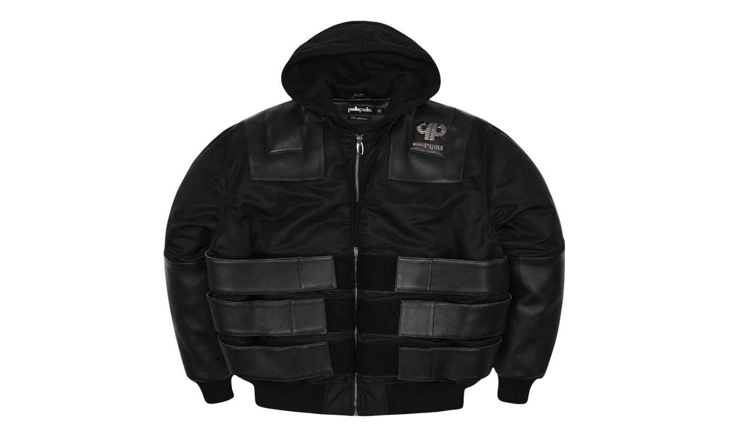Opium K9 Dogbiter Hooded Leather Bomber Jacket "Black Silver" PP028