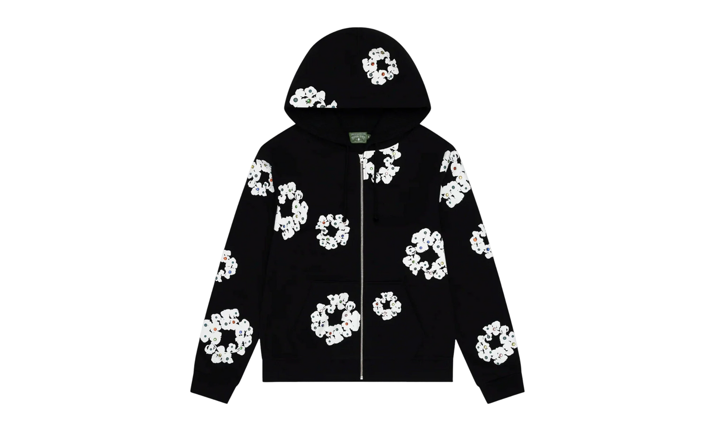 Cotton Wreath Rhinestone Studded Zip Hooded Sweatshirt "Black White" DT591
