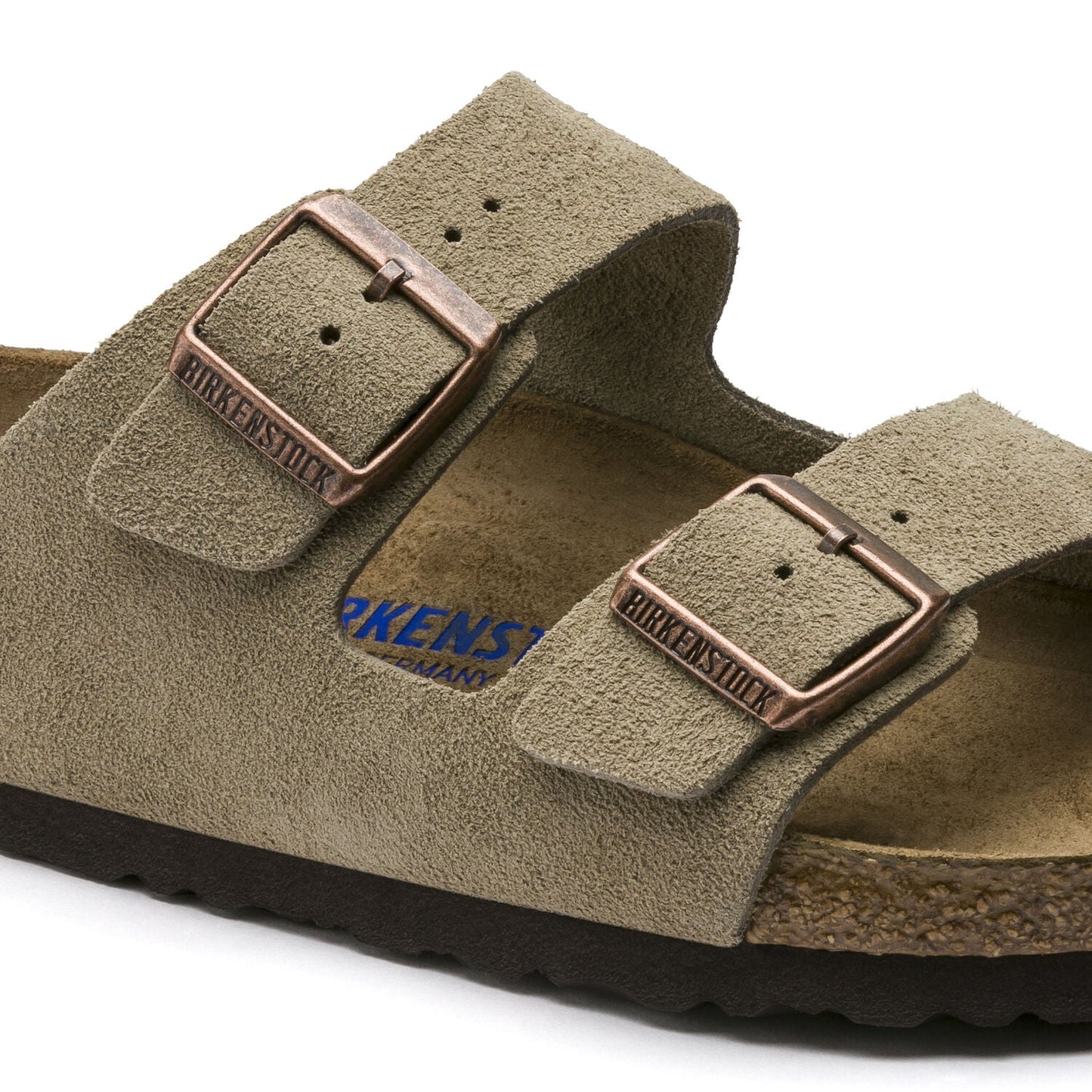Arizona Suede Leather Soft Footbed Sandal in Taupe