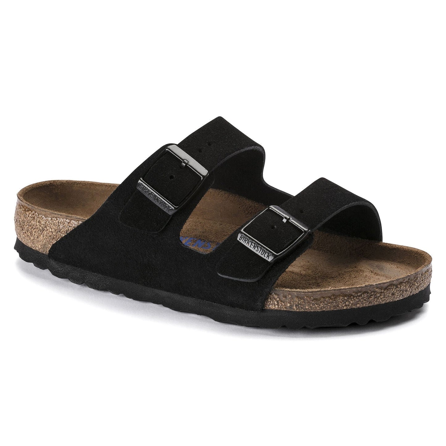Arizona Suede Leather Soft Footbed Sandal in Black