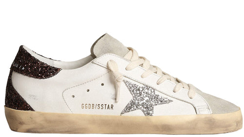 Golden Goose Super Star with silver star and brown glitter heel tab (Women’s)